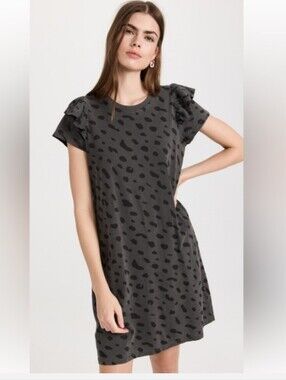 Clare V. Ruffle Gray Tshirt Shift Polka Dot leopared print Dress Size Small